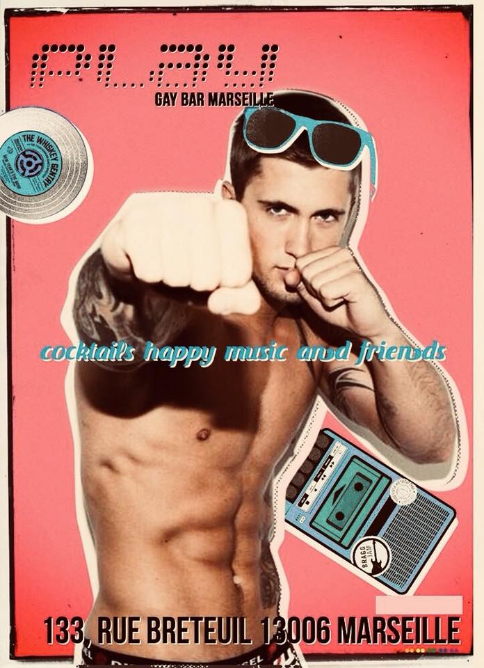 Une affiche de fête gay-friendly mettant en scène un homme stylé portant des lunettes de soleil à Marseille.