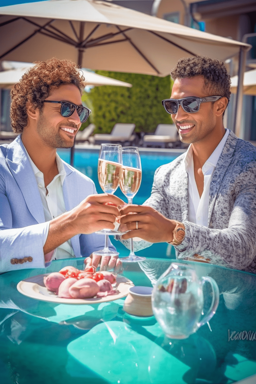 Deux messieurs célèbrent avec du champagne à une table en plein air.
