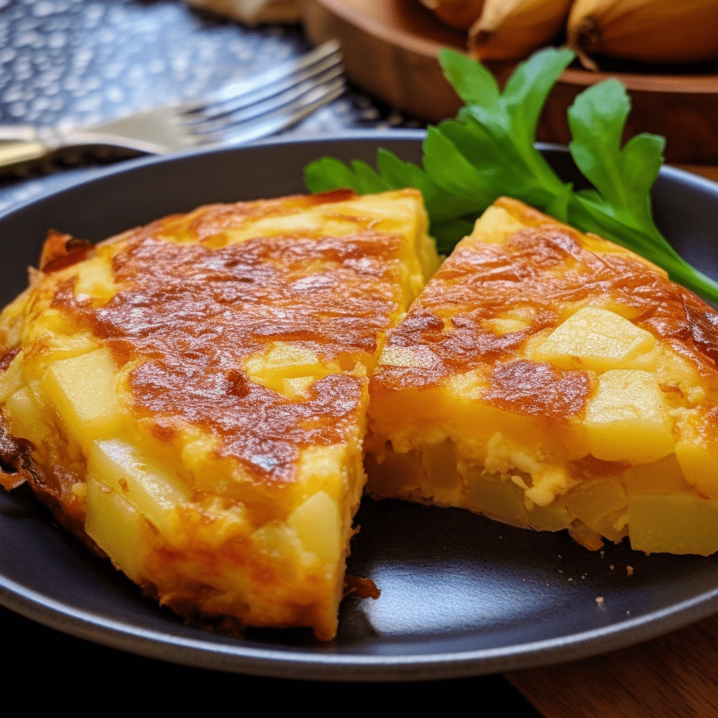 Une assiette avec une tranche de frittata de pommes de terre des meilleurs bars à tapas de Madrid.
