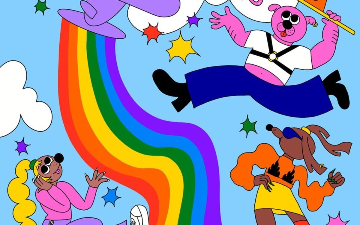 Une caricature montrant un groupe de personnes survolant un arc-en-ciel lors de la parade gay à Paris le 14 juillet.
