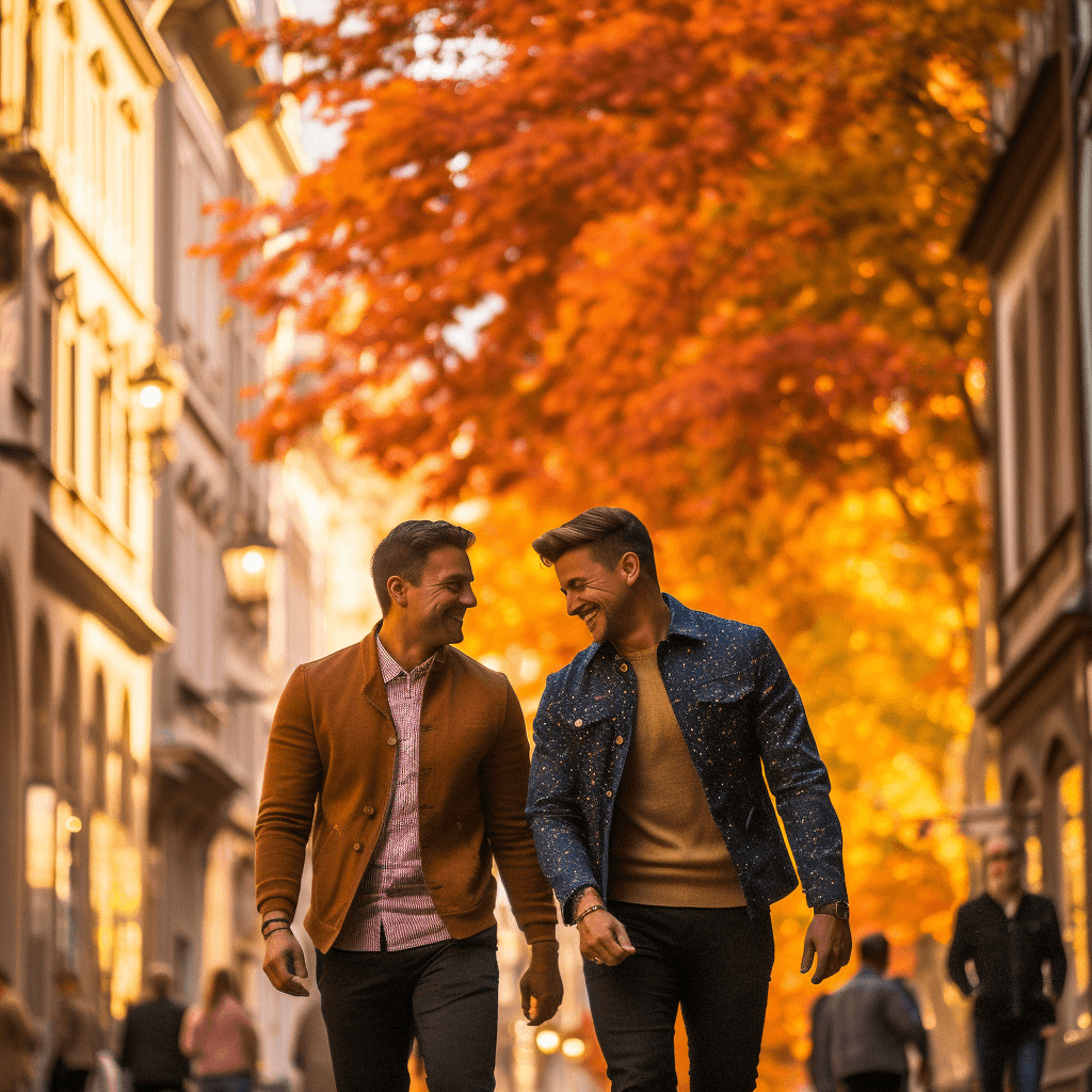 Deux hommes gays se promenant dans des destinations automnales.