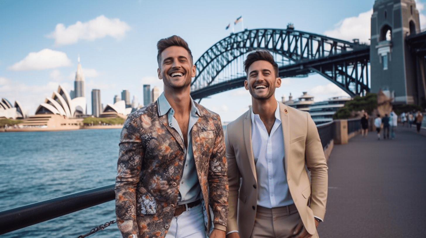 Deux voyageurs gays explorant l'emblématique pont du port de Sydney.