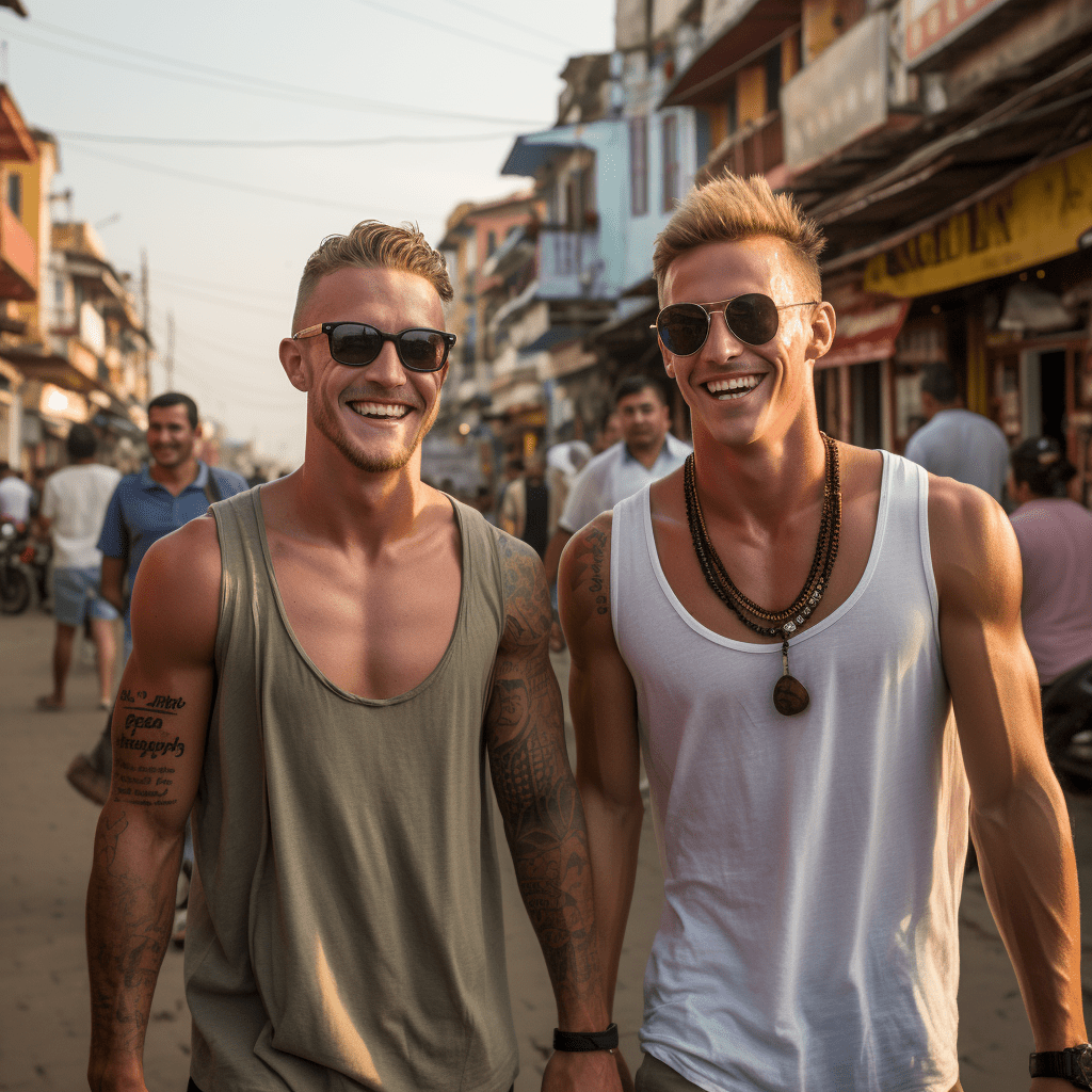 Deux hommes debout dans une rue.