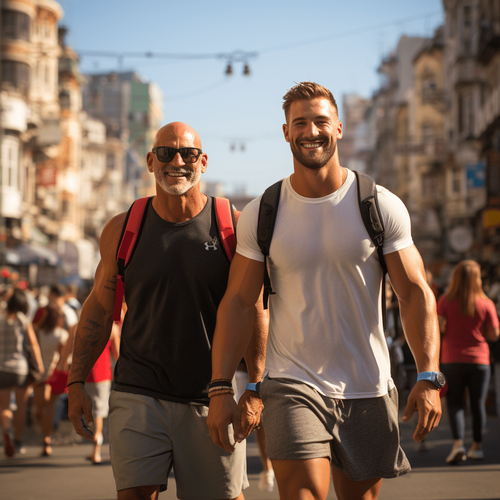 Deux hommes marchant dans la rue.