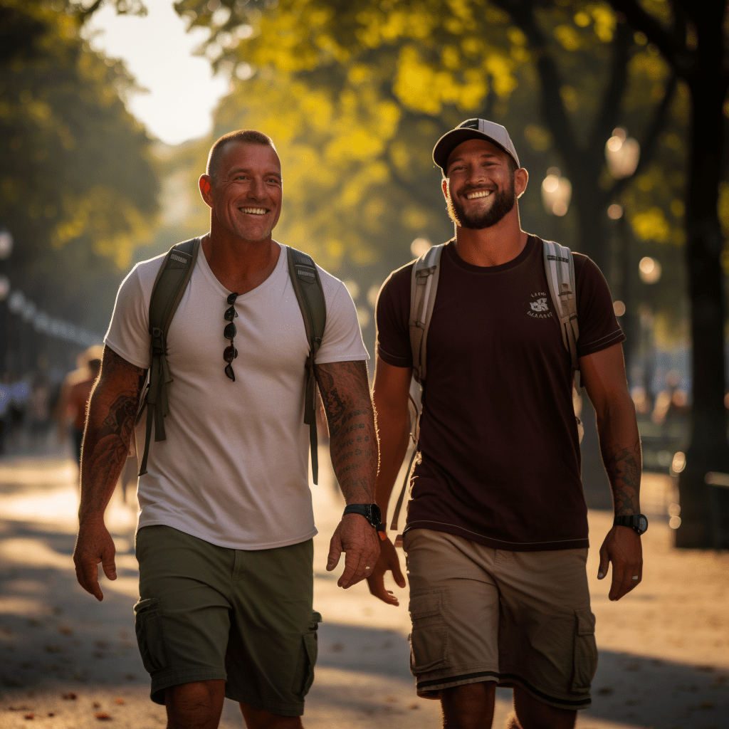 Deux hommes marchant dans une rue.