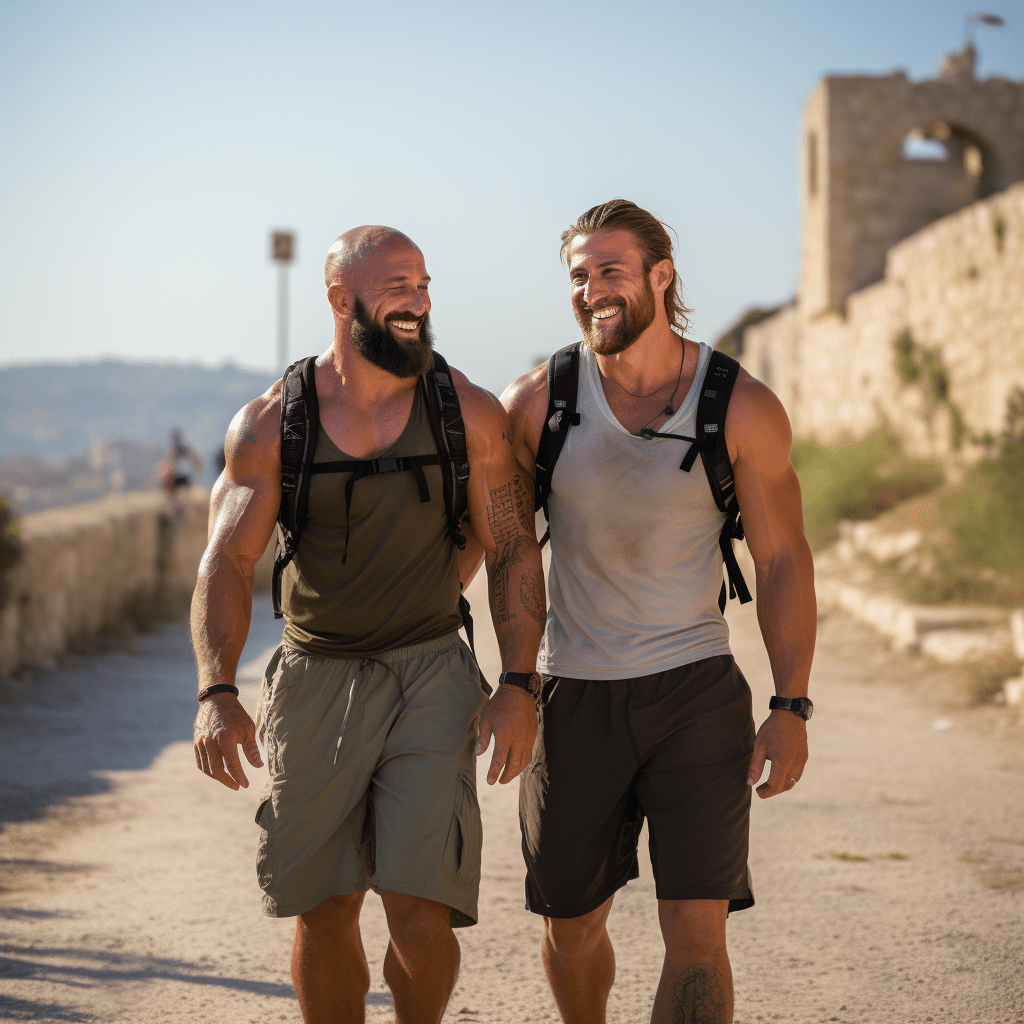 Deux hommes avec des sacs à dos marchant sur un chemin de terre.