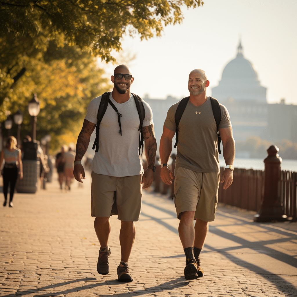 Deux hommes à Sitges, naviguant sur les trottoirs en automne.