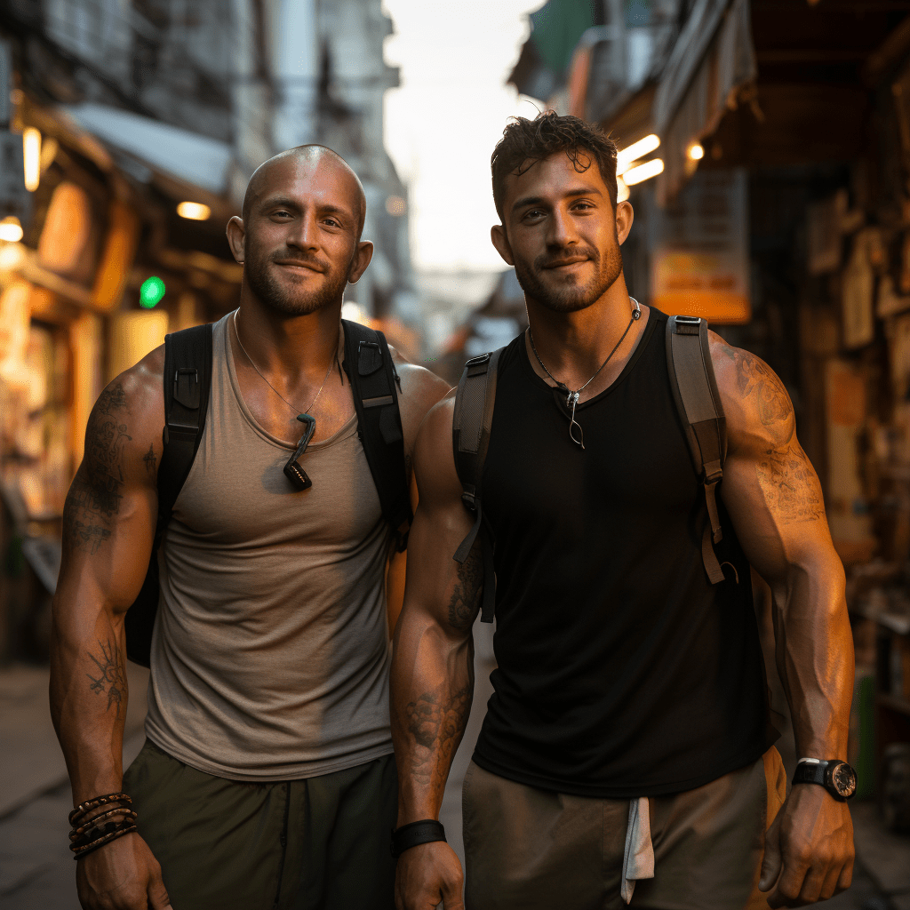 Deux hommes avec des sacs à dos dans une ruelle.