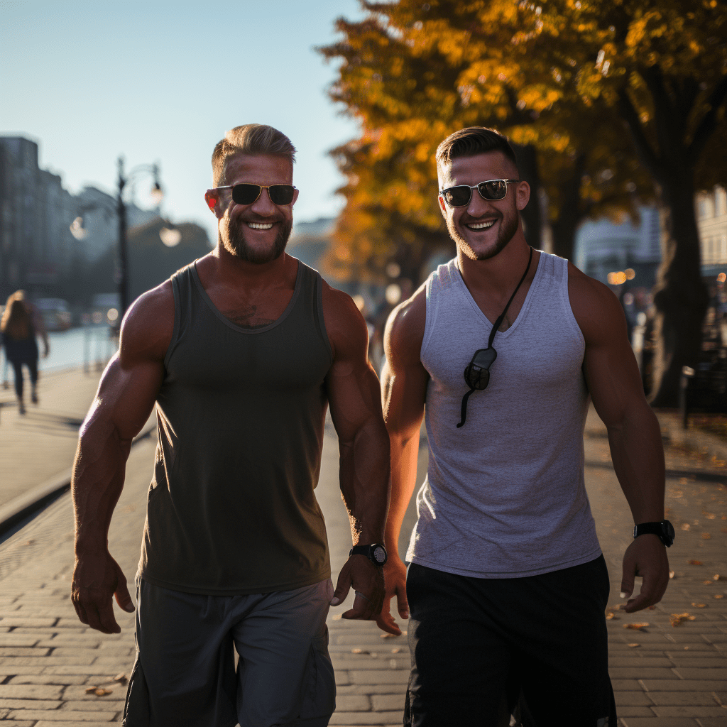 Deux hommes musclés se promènent dans une rue de la ville.