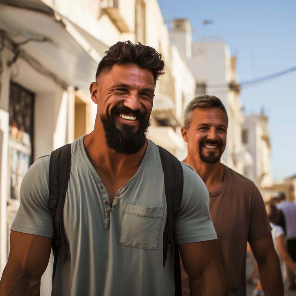 Deux hommes barbus se promènent dans une rue.