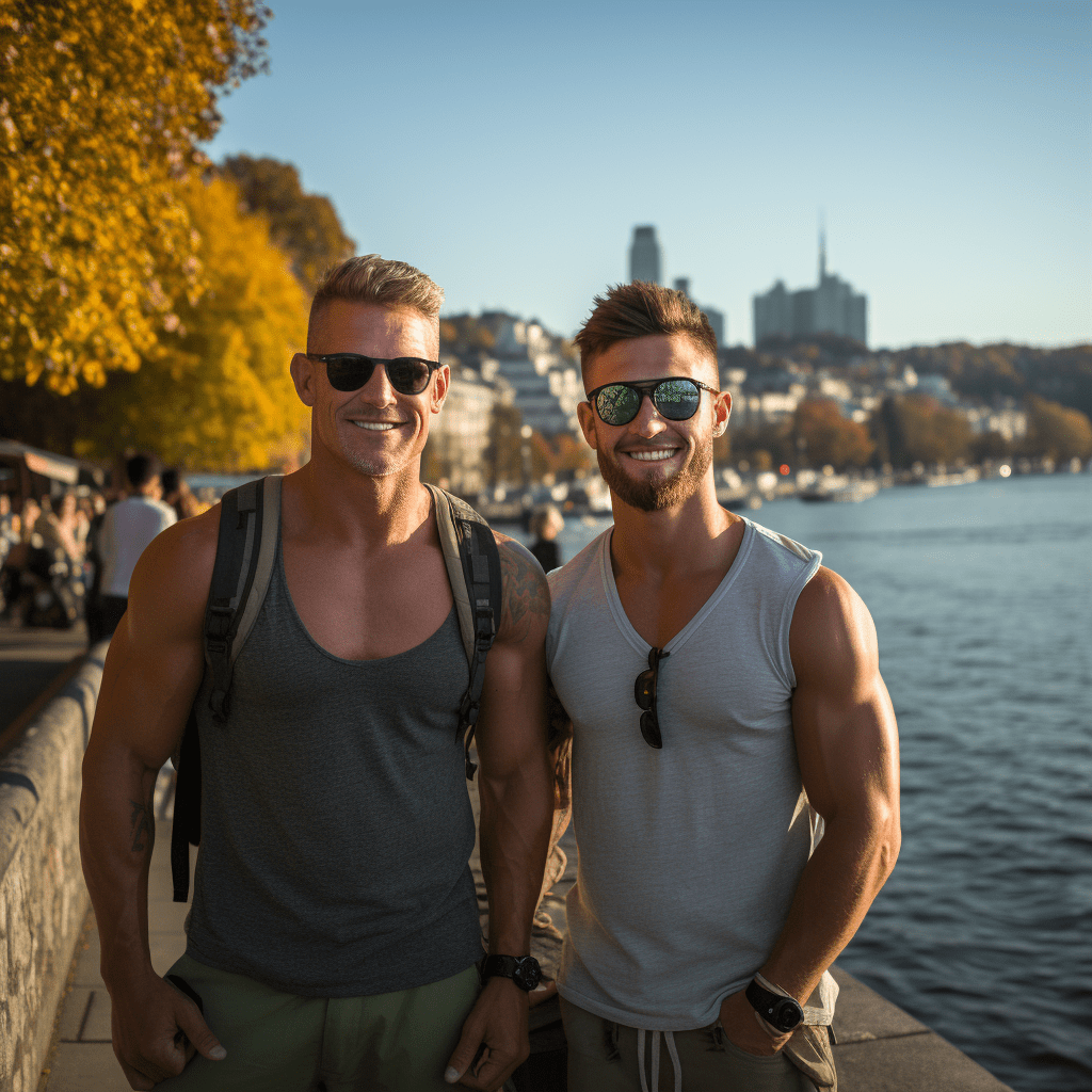 Deux hommes homosexuels profitant du paysage automnal au bord de l’eau de Vancouver.