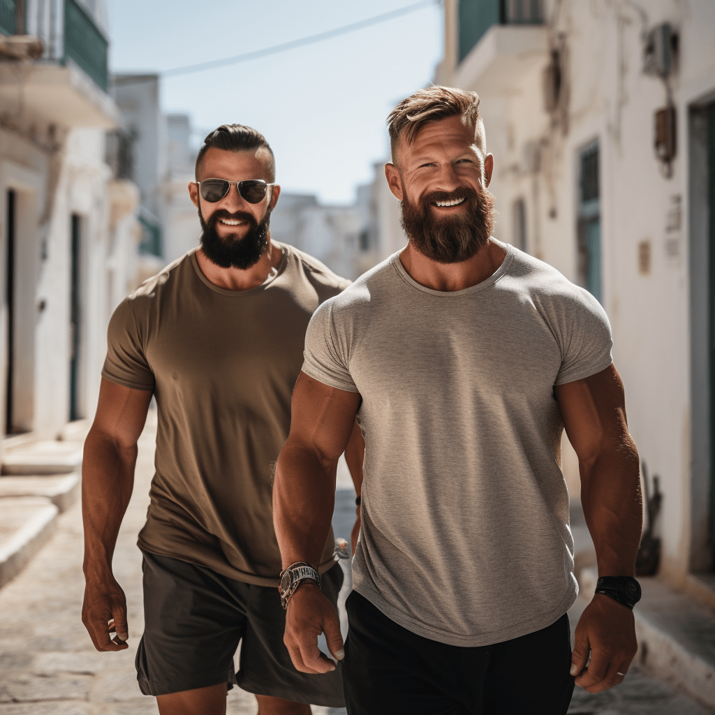 Deux hommes barbus se promenant dans une rue pavée de Mykonos, profitant de l’atmosphère vibrante de l’automne.